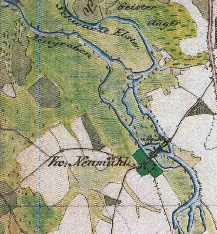 Neumühl, Lkr. Elbe-Elster, Brandenburg, Germany, detail from the Urmesstischblatt Sheet 4445 Falkenberg, drawn in 1841