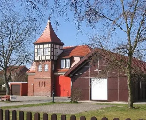 Station of the volunteer fire department and community hall in Ahrensdorf. The building was erected in 1912 and restored in 1995/97. The village Ahrensdorf is a part of Ludwigsfelde, town in the district Teltow-Fläming, state Brandenburg, Germany.