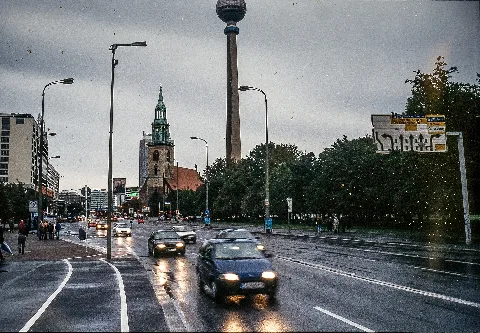 View of Karl-Liebknecht-Straße with Forum Stadthotel (in the background), Sankt-Marien-Kirche (center), and Berlin TV Tower; Berlin, Germany
