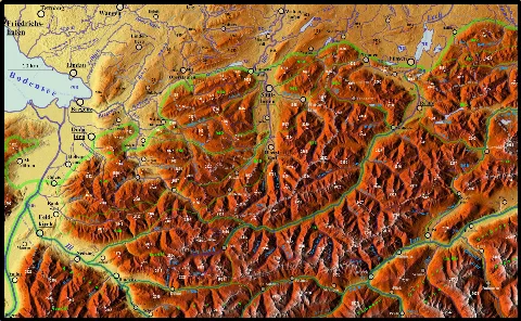 Relief der Allgäuer Alpen (Zentrum), des Bregenzerwaldgebirges (W), des Lechquellengebirges (SW) und der Lechtaler Alpen (SO). Contents 1 Summary 2 Verwaltungsgrenzen 3 Städte und Gemeinden 4 Naturräume 5 Berghöhen 6 Gewässerhöhen 7 Wasserscheiden 8 Licensing Verwaltungsgrenzen Die Verwaltungsgrewnzen sind hierarchisch jeweils im Faktor 1,4 bzw. 0,7 zueinander strukturiert: Staatsgrenzen, z. B. am Bodensee (links oben) zwischen Lindau und Bregenz, in der Dicke 0,8 px Grenzen zwischen deutschen Bundesländern, z. B. die Grenze Bayerns zu Baden-Württemberg westlich und nördlich von Lindau, in 0,56 px Grenzen zwischen Regierungsbezirken in D (im Nordosten zwischen Schwaben (Schriftzüge "Halblech" und "Halbammer") und Oberbayern ("Ammer")), Kantonen in CH (Westen) und Ländern in A (Grenze zwischen Vorarlberg und Tirol im Süden) in 0,4 px Kreisgrenzen in D und Bezirksgrenzen in A (in Bodenseenähe z. B. zwischen Bregenz und Dornbirn) in 0,28 px Städte und Gemeinden Kreisstädte und kreisfreie Städte in D sowie Bezirkshauptstädte in A und Kantonshauptstädte in CH sind unterstrichen. Die Gemeinden sind je nach Verdreifachung der Einwohnerzahlen im Faktor 1,25 bzw. 0,8 strukturiert, siehe z. B.: Friedrichshafen im äußersten Nordwesten hat über 50.000 Einwohner und Schriftgröße 3,125 (und ist als Kreisstadt unterstrichen) Lindau, Bregenz sowie, an der Iller, Sonthofen, haben mehr als 15.000 Einwohner und Schriftgröße 2,5 (und sind als Kreisstädte unterstrichen) Oberstdorf im Zentrum und südlich von Sonthofen hat mehr als 5.000 Einwohner und Schriftgröße 2 Fischen zwischen Oberstdorf und Sonthofen hat mehr als 1.500 Einwohner und Schriftgröße 1,6 Die Einwohnerzahlen beziehen sich dabei auf geschlossene Besiedlungen, nicht auf nominelle Verwaltungsgemeinschaften. Naturräume Alpenrandgrenze und Naturraumhauptgrenzen nach Hansjörg Dongus 1991/1993 (Blätter 187 Lindau und 188 Kaufbeuren) in Grün; "landläufige" Gebirgsgruppengrenzen (AVE und SOIUSA), die von Naturraumgrenzen abweiche
