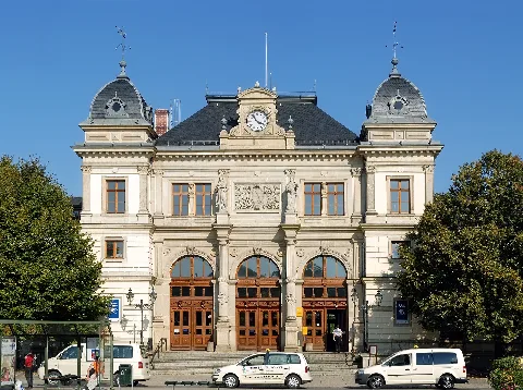 This image shows the train station building in Altenburg, Germany. It is a four segment panoramic image.
