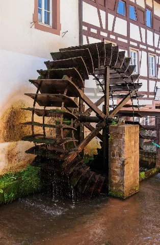Water wheel at the Museum unterm Trifels, 4 Schipkapass, Annweiler am Trifels, Rhineland-Palatinate, Germany.