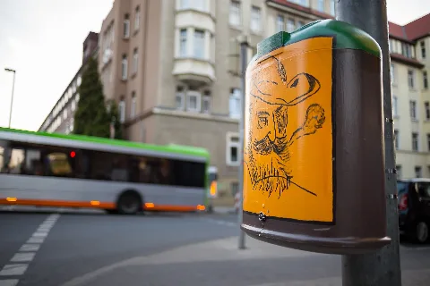 Artistically designed garbage bin located at Brauhofstrasse and Badenstedter Strasse in Linden-Mitte quarter of Hannover, Germany. This art work is part of a common initiative between Arbeitsgemeinschaft der Lindener Vereine and Helene Lange school, supported by the municipal waste management of the Hannover region (aha).