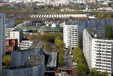 View from the Skywalk Marzahn over the Marzahner Promenade to Eastgate in Berlin-Marzahn, Germany.