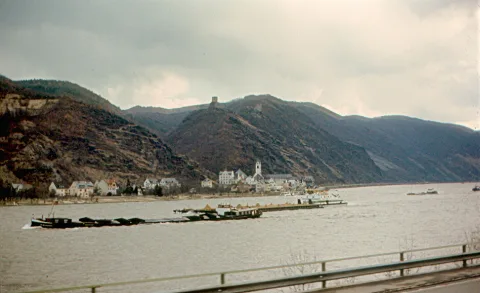 Barge Traffic On The Rhine River From Train