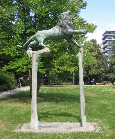 The Lion Monument on Bayerischer Platz in Berlin-Schöneberg. The sculpture was created in 1952 by Anton Rückel. It has been designated as a cultural heritage monument.