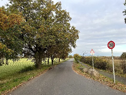 Straße nach Arkenberge in Berlin-Blankenfelde, Deutschland. Die Straße führt von der Schönerlinder Straße, einer Hauptverkehrsstraße in Berlin-Französisch Buchholz zu den Arkenbergen, einem beliebten Naherholungsgebiet.