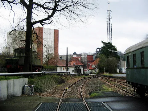 Bomlitz, Niedersachsen, Germany: abandoned railway station with Dow Wolff Cellulosics in the background and little railway museum