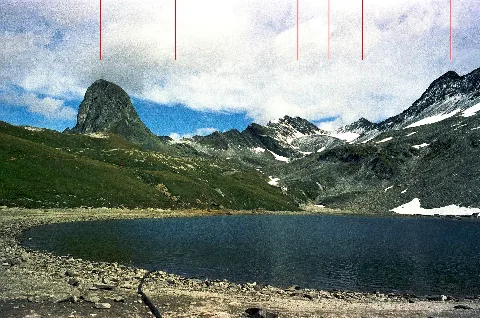 Bödensee (Neue Reichenberger Hütte) Vor Gösleswand, Rote Lenke. Finsterkarspitze, Finsterkarscharte, Kesselpater, Hainzenspitze (Sommer 1980) Markiert