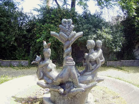 A fountain named "Paech-Brunnen" (also: "Forellenbach") in Berlin-Moabit (Germany) Built up in 1987. Design: Brigitte Stamm.