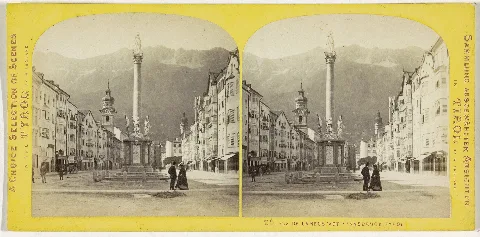 IdentificatieTitel(s): De Zuil van de Heilige Anna (Annasäule) in de Maria-Theresien-Straße, Innsbruck / Vue de la Neustadt à Innsbruck, Tyrol (titel op object) A Choice Selection of Scenes in the Tyrol / Sammlung ausgewählter Ansichten in Tirol (serietitel op object)Objecttype: stereofoto Objectnummer: RP-F-F12568Opschriften / Merken: nummer, recto, gedrukt: ‘20’VervaardigingVervaardiger: fotograaf: William England (vermeld op object)Plaats vervaardiging: InnsbruckDatering: 1863 - 1870Materiaal: karton fotopapier Techniek: albuminedrukAfmetingen: secundaire drager: h 83 mm × b 172 mmOnderwerpWat: streetmonumental adornments (in city)Waar: InnsbruckVerwerving en rechtenVerwerving: overdracht van beheer 1994Copyright: Publiek domein