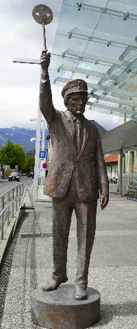 "The Railwayman" bronze statue at the entrance to the main railroad station in Villach, Carinthia, Austria, European Union. Design by Friedhelm Zilly (2020).
