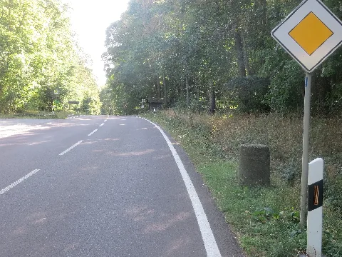 Dingelstedt/Huysburg, auf dem Huy an der Straße von Dingelstedt nach Halberstadt nahe der Bushaltestelle „Meilenstein“, westliche Straßenseite 10 m südlich des Abzweigs zur Huysburg preußischer Rundsockelstein, Chausseemeilenstein aus Granit, um 1856 eine Meile von Halberstadt entfernt (an der s. g. Huychaussee)