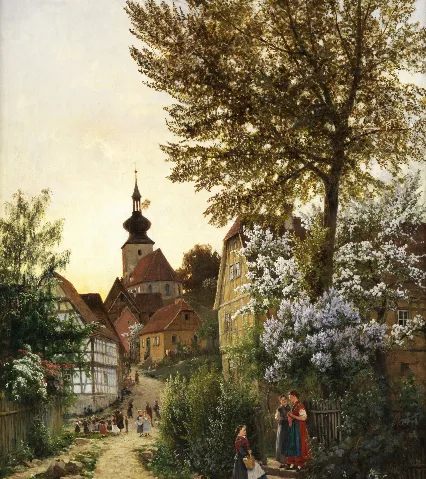 Maiabend im Tieftal - Erfurt. Öl auf Leinwand. 97 x 80 cm. Rechts unten signiert und datiert "1885". Verso auf der Leinwand von Hand des Künstlers in schwarzer Ölfarbe Titelbezeichnung und nochmalige Signatur.