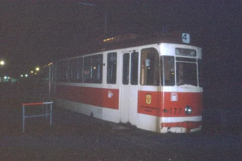 This station is no longer the Hauptbahnhof. At this time, one had to do a long detour round Berlin anti-clockwise to reach Potsdam. Now it is a quick dash through West Berlin. This Gotha car, the only one I saw, was parked as a reserve outside the station. Gotha tram 177 was one of the last Gotha G64-65 articulated trams in service in Potsdam. That article states that it was last in service in Potsdam on 3 January 1990. This photo dates from approximately 19th January, hence the lack of movement during the day. Quite why it was dumped at the railway station, I don't know. This car is now a preserved historic vehicle in the Potsdam fleet along with a Gotha motor car, no 109 and two Gotha trailers. This site gives a later date of 29 March 1990 as the last service date of Gotha cars in Potsdam.