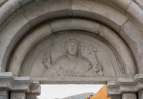 Tympanum of the Romanesque portal of the former charnel house at the parish church Saint Bartholomew on Wiener Strasse, municipality Friesach, district Sankt Veit an der Glan, Carinthia, Austria, EU