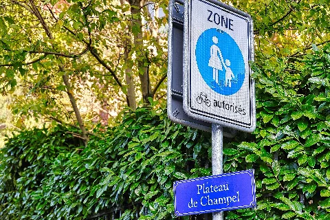 Ancienne zone de rencontre, la contre-route longeant les immeubles situés en contrebas de la gare du Léman Express de Champel a été fermée à la circulation motorisée. Un espace piéton d’un seul tenant a ainsi été formé et complète les aménagements paysagers du plateau de Champel. (Texte Ville de Genève extrait)