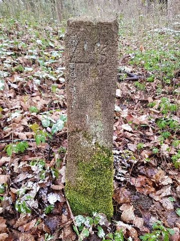 Grenzstein Waldau Ost (Stuttgart) Nr 43 Seite 1, Standort: unweit der Kuhwiesenquelle, Weg zwischen der Mittlere Filderstraße und Königsträßle, Stadtteil: Waldau, Stadtbezirk: Degerloch, Stadt: Stuttgart, Land: Deutschland, Koordinaten: Breitengrad: 48.74388888888889, Längengrad: 9.199444444444445