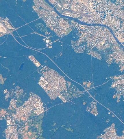 View of Germany taken during ISS Expedition 40. Frankfurt am Main, river Main, Dreieich-Sprendlingen, Dreieich-Buchschlag and parts of Dreieich-Dreieichenhain, town Neu-Isenburg, forest Frankfurter Stadtwald, mountain Monte Scherbelino, Gravenbruch, Frankfurt-Sachsenhausen