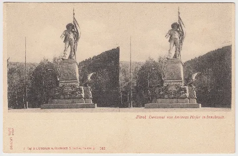 recto: Verlag & Lichtdruck v. Knackstädt & Näther, Hamburg. 743 / DRGMS 83768 / 92395 / Tirol. Denkmal von Andreas Hofer in Innsbruck. verso: Postkarte. gestempelt: ungelaufen