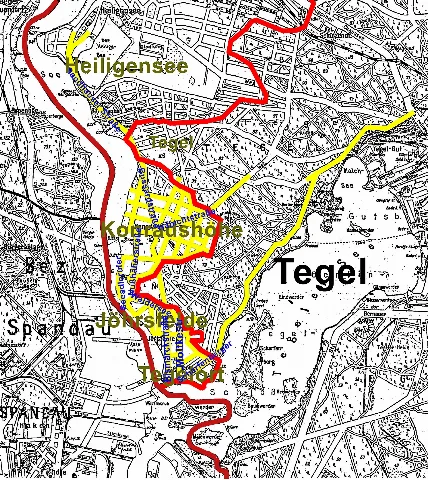 Das Straßensystem der vormaligen Kolonien in Tegel Konradshöhe, Jöhrsfelde, Tegelort auf dem Gebiet des heutigen Ortsteils Berlin-Konradshöhe, wie es im Jahre 1925 bestanden hatte.