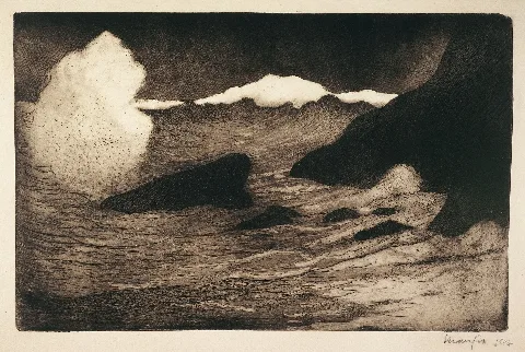 Auteur(s): Maufra, Maxime (Nantes, 17–05–1861 - Ponce, 23–05–1918), graveur Date de production: En 1894 Datation en siècle: 4e quart du 19e siècle Type(s) d'objet(s): Arts graphiques, Estampe Dénomination(s): Estampe originale Matériaux et techniques: Eau-forte, Aquatinte, Papier vélin Dimensions - Oeuvre: Hauteur : 34.7 cm Largeur : 54 cm Marques, inscriptions, poinçons: Signature - Signature en bas à droite dans la planche : "maufra" Signature et date - Signature et date au crayon noir, à droite sous le trait carré : "Maufra 1894" Description iconographique: La mer est agitée dans ce paysage marin qui pourrait représenter la côte de Porgastel en Bretagne. Commentaire historique: Maxime Maufra est un amoureux de la mer qui explore les côtes bretonnes en quête de sites pittoresques. Il s'installe à Pont-Aven en mai 1890 et rejoint Le Pouldu le 9 novembre de la même année. Maufra retrouve Gauguin au Pouldu en mai 1894, époque à laquelle il grave cette eau-forte. Thèmes / Sujets / Lieux représentés : Marine, Paysage côtier, Vague, Rocher, Océan Atlantique, Bretagne, Finistère Mode d'acquisition: Don manuel Nom du donateur, testateur, vendeur: Maufra, Maxime Date d’acquisition: 04–1908 Institution: Petit Palais, musée des Beaux-arts de la Ville de Paris Numéro d’inventaire: PPG706 IIIF Manifest: https://apicollections.parismusees.paris.fr/iiif/160018860/manifest
