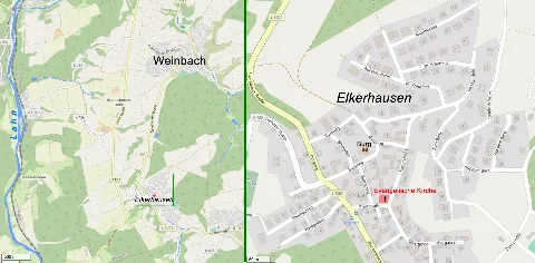 Lage der evangelischen Kirche in Elkerhausen, einem Ortsteil von Weinbach in hessischen Landkreis Limburg-Weilburg