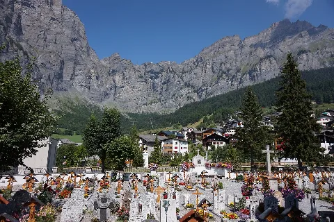 Leukerbad Cemetery And Mountain