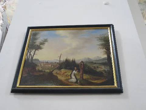 Ölbild von 1868 von E. Huber: Bruder Marold betet an einem Bildstock, im Hintergrund das Kloster Indersdorf.
