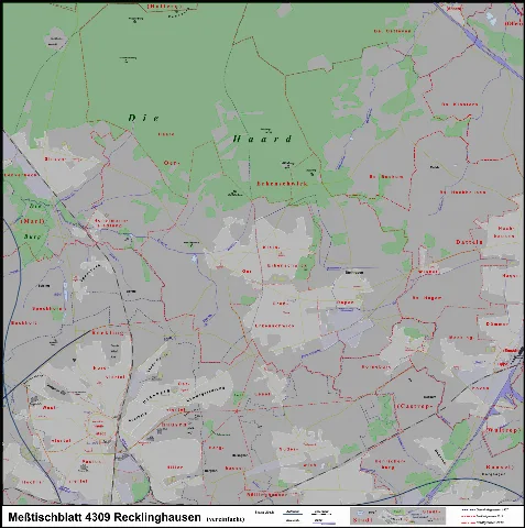 Legende Gleicher Ausschnitt mit Karte von 1907 Übersichtskarte auf Grundlage der Messtischblätter (1 : 25.000) Recklinghausen im Gebiet der heutigen Städte Recklinghausen (Südosten), Marl (kleine Teile im Nordwesten), Oer-Erkenschwick (Mitte bis Norden), Haltern (Gemarkung Flaesheim, minimale Anteile im äußersten Norden), Datteln (Nordosten), Olfen (minimale Anteile im äußersten Nordosten), Waltrop (sehr kleine Anteile im südlicheren Osten) und Castrop-Rauxel (v. a. Gemarkung Henrichenburg, kleine Anteile im Südosten); neben heutigen Siedlungsgebieten sind auch die Gemarkungen von 1907 eingezeichnet mit der Landgemeinde Recklinghausen westlich und östlich der damaligen Gemarkung der namensgebenden Stadt (inc. Hillen) sowie weiterer Gemeinden des Amtes Recklinghausen: Stadtkreis Recklinghausen (Südwesten) Landkreis Recklinghausen Amt Recklinghausen Landgemeinde Recklinghausen (nördlich bis westlich und östlich des Stadtkreises) Lenkerbeck, Speckhorn, Hochlar (von Nordwest nach Südwest Erkenschwick, Essel, Röllinghausen, Berghausen (von Mitte nach Süden) Oer (Mitte bis westlicherer Norden; nordöstlich an der Stadtkreis RE anschließend) Siepen (westlich der Mitte Sinsen (Nordwesten) Suderwich (Süden; östlich des Ostteils der Landgemeinde) Amt Datteln Ahsen (östlicher Norden) Datteln (zunächst im Osten von Nord nach Süd) Klostern Bockum Hachhausen Hagem Meckinghoven Rapen (westlich aller genannten Bauerschaften außer Meckinghoven) Horneburg (Südlich Rapens und nordwestlich Meckinghovens) Kreis Lüdinghausen Amt Olfen Kirchspiel Olfen Eversum (minimal: äußerster Nordosten) Kreis Dortmund Amt Castrop Ickern (minimal; äußerster Südosten)