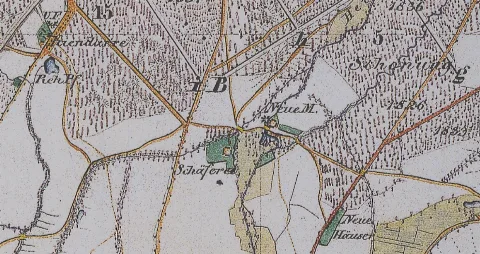 Neue Häuser, Neue Mühle, Forsthaus Bischofspfuhl, Kiendarre, Ortsteil Kloster Zinna und Neuhof, Stadt Jüterbog, Landkreis Teltow-Fläming, Brandenburg, Ausschnitt aus dem Urmesstischblatt 3944 Kloster Zinna von 1841