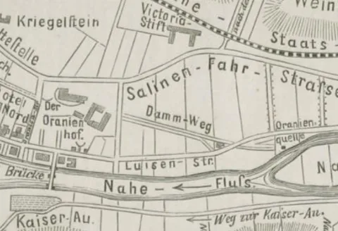 Oranienhof und Oranienquelle, Johann Ruprecht (Geometer): Situationsplan des Bezirks zwischen Oranienhof und Saline Karlshalle (Ausschnitt), 1864
