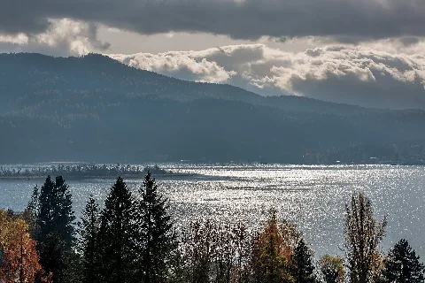 View from the Niedere Gloriette of the Wörther See with the Blumeninsel and Unterdellach in the background, municipality Pörtschach am Wörther See, district Klagenfurt Land, Carinthia, Austria, EU