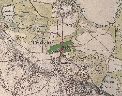 Prützke, Gem. Kloster Lehnin, Lkr. Potsdam-Mittelmark, Brandenburg, Germany, Detail from the Urmesstischblatt Sheet 3641 Göttin, drawn in 1842