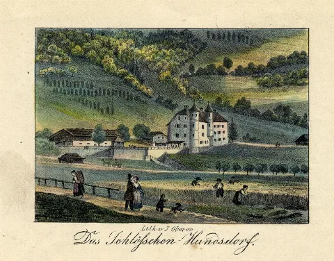 Das Schlößchen Hundsdorf (Weitmoserschlössl), Farblithographie, Mitte 19. Jh. This media shows the protected monument with ObjektID 73241 in Austria. (Commons, de, Wikidata)