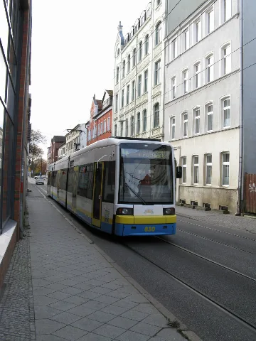 Tram of Line 4 to the square Platz der Freiheit in the street Goethestraße in Schwerin, Mecklenburg-Vorpommern, Germany