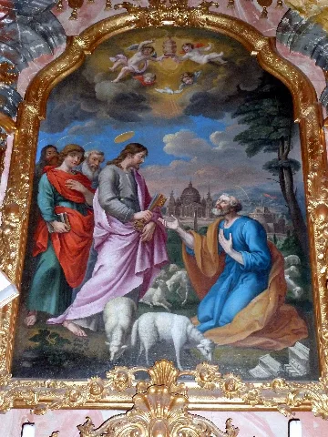 St. Peters-Altar in der Benediktiner Klosterkirche Muri, Kanton Aargau, Schweiz. Der Altar in der nordöstlichen Oktogonnische unter dem Orgelempore ist möglicherweise ein Werk des Bildhauers Johann Michael Winterhalter (1706-1759) von 1745/46 in Rokoko-Stil. Die Altargemälde wurde von Simon Bachmann (Invetor) 1651 entworfen und von Rudolf Schwerter (Maler) 1652 gemalt, am Bild ist die Einsetzung des Apotel Petrus ins Hirtenamt Jesus bei der Schlüsselübergabe zum Himmelsreich zu sehen, neben Jesus steht der Evangelist Matthäus mit seinem Attribut, dem Buch, im Hintergrud wird die St. Peters-Basilika (Basilica di San Pietro) des Vatikans dargestellt, oben halten zwei Engel die päpstliche Tiara-Krone. Die Statuen stellen St. Antonius (links) und St. Wendelin (rechts) im Mönchshabit und mit einem Rind des ehemaligen Hirten dar. (Literatur: Die Kunstdenkmäler des Kantons Uri, Band V, Der Bezirk Muri, Birkhäuser Verlag Basel, 1967, Seite 272-274)