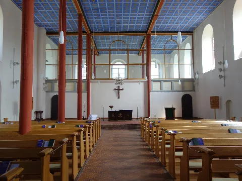 Eastern interior of the church "Stadtkirche" in Zehdenick, Zehdenick municipality, Oberhavel district, Brandenburg state, Germany.