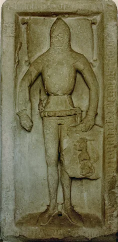 Tumbaplatte des Ritters Hilprand aus dem Geschlecht der Taufkircher in der Pfarrkirche St. Johannes der Täufer in Taufkirchen, Oberbayern.