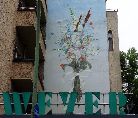 Mural by Michaelis (1985) and flower shop Weyer, Sonnenallee 51, Neukölln, Berlin, Germany, May 2019