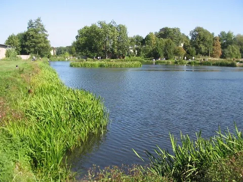 Fishponds at Werdermühle. The former watermill Werdermühle at the stream Plane is a part of the town Niemegk in the district Potsdam Mittelmark, state Brandenburg, Germany. The mill appertains to the natural preserve Naturpark Hoher Fläming