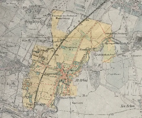 Kartenausschnitt der Franzisco-Josephinischen Landesaufnahme von 1872, die heutige Katastralgemeinde Atzgersdorf‎ im 23. Wiener Gemeindebezirk Liesing ist farblich hervorgehoben