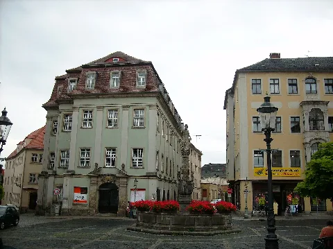 Roland Fountain and ancient Amtsgericht (left) at the market-square in Zittau (Görlitz district, Saxony)