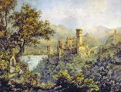 Burg Stolzenfels, Im Hintergrund Die Burg Lahneck 1836