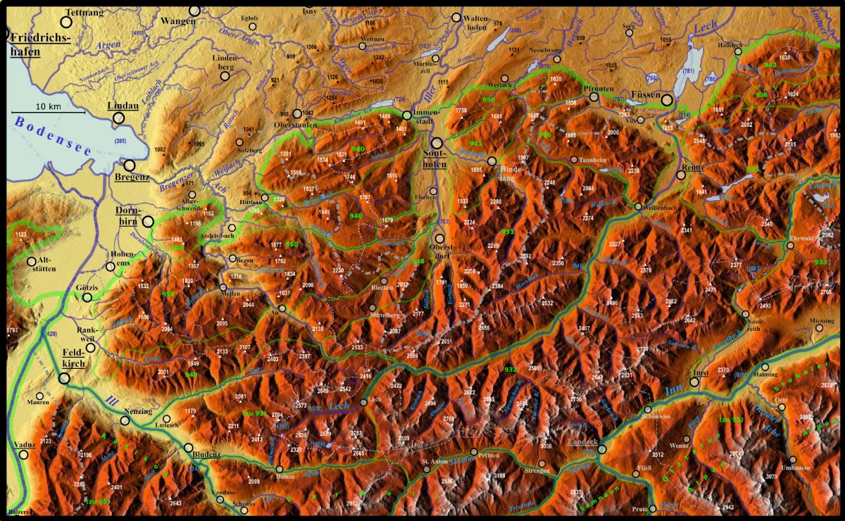 Alpenrelief Allgaeuer Alpen, Bregenzerwaldgebirge, Lechquellengebirge Und Lechtaler Alpen