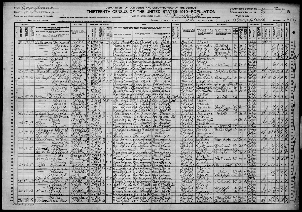 Pennsylvania Lycoming County, Enumeration District 84, Sheet No. 1B Dpla D90F6F49Bd62B4C4F94B3Bcdd0Cb30Bf