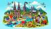 Eine Cartoon-ähnliche Darstellung von Deutschland, mit bekannten Sehenswürdigkeiten wie dem Kölner Dom, dem Brandenburger Tor und dem Schwarzwald. Es zeigt auch traditionelle bayerische Kleidung und einen Teller mit Bratwurst und Sauerkraut, um die kulturelle Vielfalt des Landes einzufangen.
