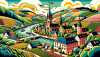 Eine illustrierte Darstellung der Region Rheinland-Pfalz in Deutschland, gestaltet in einem verspielten, übertriebenen, hellen und bunten Comic-Stil. Das Bild sollte die Wahrzeichen, Weinberge, Hügel und Flüsse der Region zeigen.