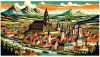 Eine anschauliche, cartoonartige Darstellung des deutschen Bundeslandes Sachsen, die herausragende Merkmale wie die dramatischen Landschaften, die traditionelle mittelalterliche Architektur und die lebhafte Kultur der Region zeigt.
