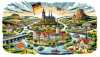 Eine comicartige Darstellung der deutschen Region Sachsen-Anhalt, die ihre malerischen Landschaften zeigt; darunter die berühmten Harzberge, historische Städte und friedliche Flüsse. Die Illustration enthält einen humorvollen Dreh, um die Betrachter zu amüsieren, während sie gleichzeitig eine liebevolle Darstellung der Kultur und des Geistes der Region beibehält.